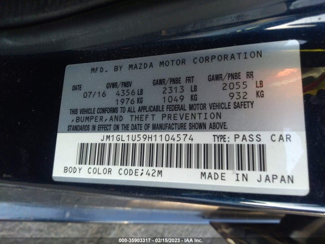 2017 MAZDA MAZDA6 SPORT VIN: JM1GL1U59H1104574