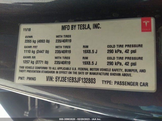 Tesla Model 3 Long Range 2018 5YJ3E1EB3JF132803 Image 11