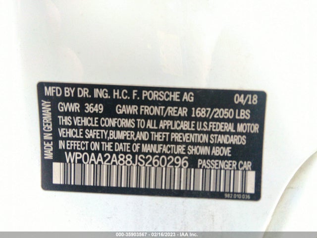 2018 Porsche 718, VIN: WP0AA2A88JS260296