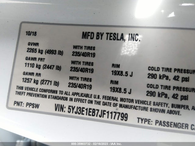 Tesla Model 3 Long Range 2018 5YJ3E1EB7JF117799 Image 10