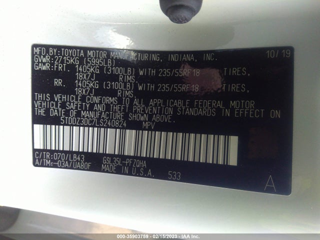 Toyota Sienna 2020 5TDDZ3DC7LS240824 Image 10