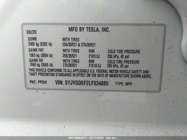 2020 Tesla Model Y, VIN: 5YJYGDEF2LF034885