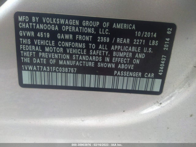 1VWAT7A31FC038757 Volkswagen Passat 1.8t Wolfsburg Ed