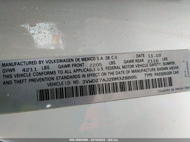 2011 VOLKSWAGEN JETTA SEDAN SE W VIN: 3VWDZ7AJ2BM328895