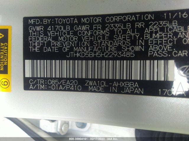 2017 Lexus CT, VIN: JTHKD5BH5H2293485