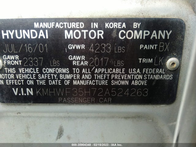 2002 HYUNDAI SONATA GLS/LX VIN: KMHWF35H72A524263