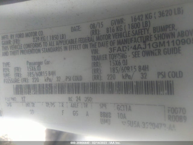 2016 Ford Fiesta, VIN: 3FADP4AJ1GM110905