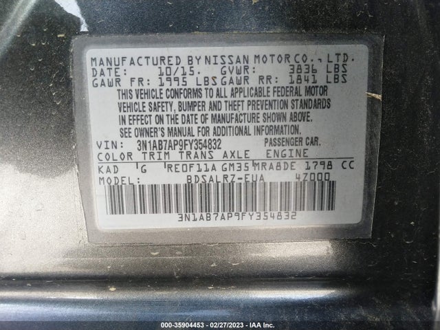 2015 NISSAN SENTRA SR VIN: 3N1AB7AP9FY354832