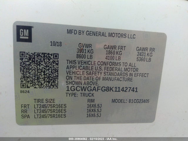 2019 Chevrolet Express, VIN: 1GCWGAFG8K1142741