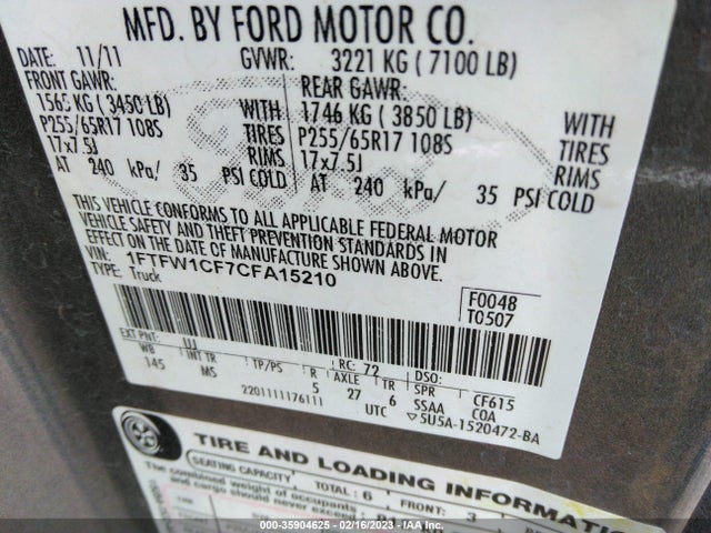 2012 FORD F-150 XL/XLT/FX2/LARIAT VIN: 1FTFW1CF7CFA15210
