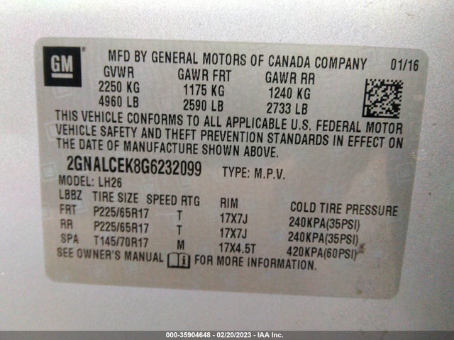 Chevrolet EQUINOX LT 2016 2GNALCEK8G6232099 Image 11