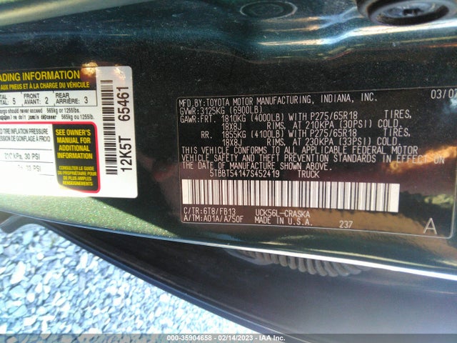 2007 Toyota Tundra Sr5 მანქანა იყიდება აუქციონზე, vin: 5TBBT54147S452419, აუქციონის ნომერი: 35904658