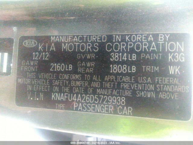 KNAFU4A26D5729938 KIA FORTE EX