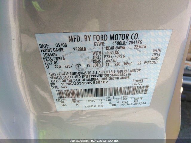 2008 FORD ESCAPE XLT VIN: 1FMCU03138KE39162
