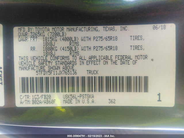 2018 Toyota Tundra, VIN: 5TFDY5F11JX765136