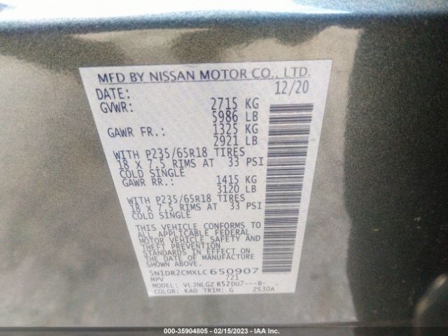 5N1DR2CMXLC650907 Nissan Pathfinder Sl