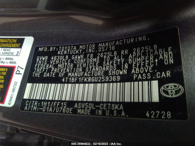2016 TOYOTA CAMRY XLE/SE/LE/XSE VIN: 4T1BF1FK8GU259369