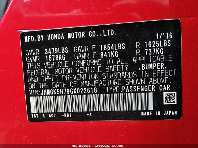 Honda FIT EX 2016 JHMGK5H79GX022618 Image 9