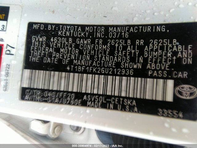 2016 TOYOTA CAMRY XLE/SE/LE/XSE VIN: 4T1BF1FK2GU212936