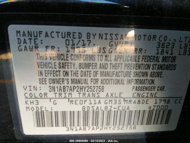 2017 Nissan Sentra, VIN: 3N1AB7AP2HY252758