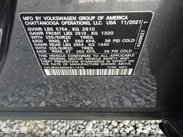 2022 Volkswagen Atlas, VIN: 1V2JR2CA5NC511475