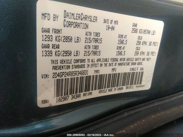 2005 DODGE GRAND CARAVAN SE VIN: 2D4GP24R85R346831