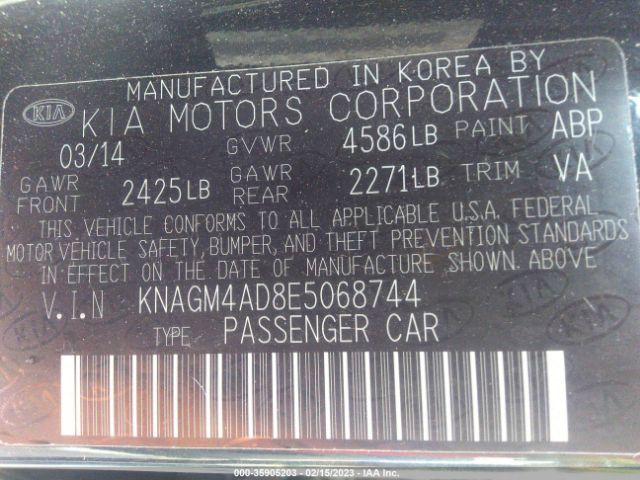 KNAGM4AD8E5068744 KIA Optima Hybrid Lx