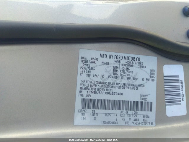 2006 FORD EXPLORER XLT VIN: 1FMEU63EX6UB70450