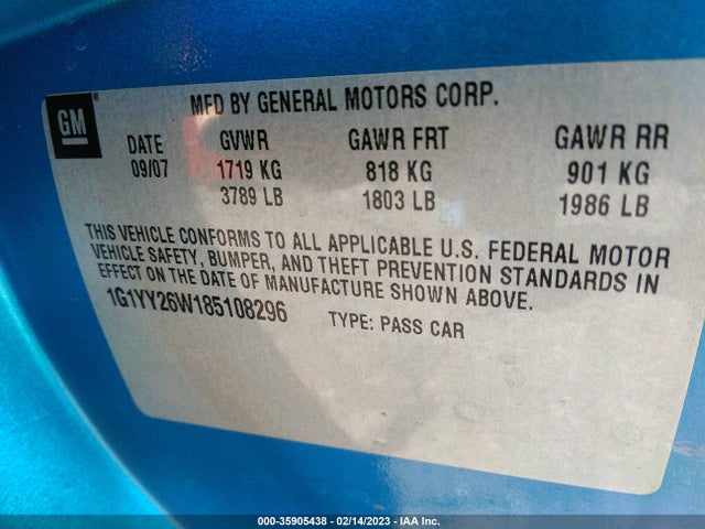 2008 CHEVROLET CORVETTE VIN: 1G1YY26W185108296
