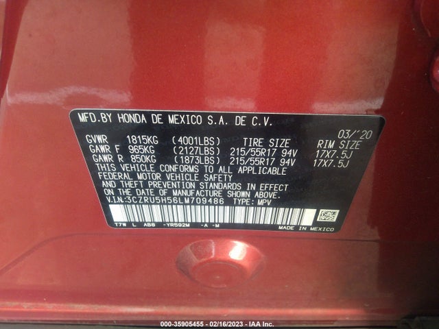 2020 HONDA HR-V EX VIN: 3CZRU5H56LM709486