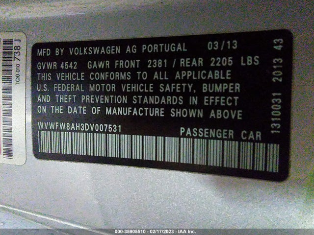 WVWFW8AH3DV007531 Volkswagen Eos Lux
