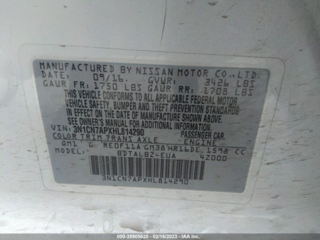 3N1CN7APXHL814290 Nissan Versa Sedan S/s Plus/sl/sv