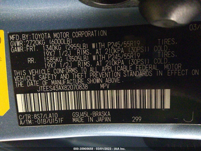 2008 TOYOTA HIGHLANDER SPORT VIN: JTEES43AX82070838