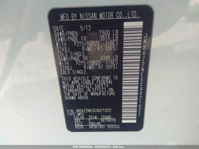 2012 INFINITI QX56 7-PASSENGER VIN: JN8AZ2NE5C9021022