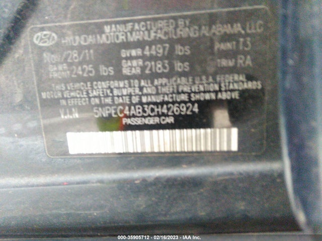 2012 HYUNDAI SONATA 2.0T SE VIN: 5NPEC4AB3CH426924