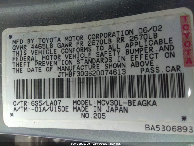 2002 LEXUS ES 300 VIN: JTHBF30G620074613