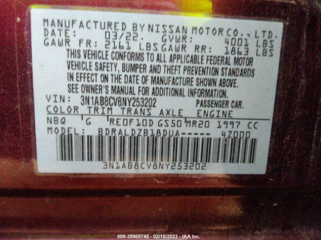 3N1AB8CV8NY253202 Nissan SENTRA SV