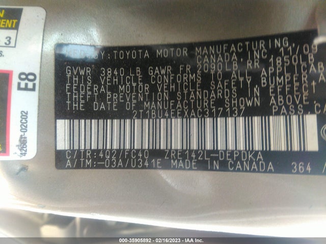 2010 TOYOTA COROLLA VIN: 2T1BU4EEXAC317137