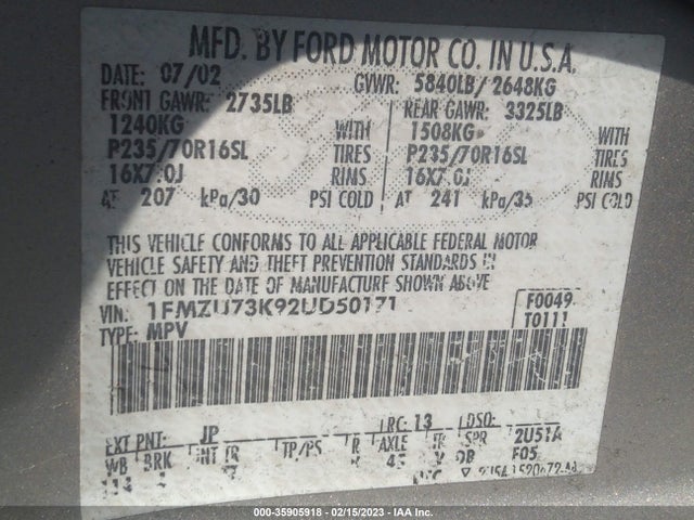 2002 FORD EXPLORER XLT VIN: 1FMZU73K92UD50171