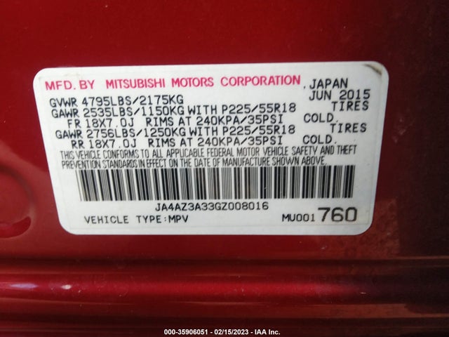 JA4AZ3A33GZ008016 Mitsubishi Outlander Se/sel/es