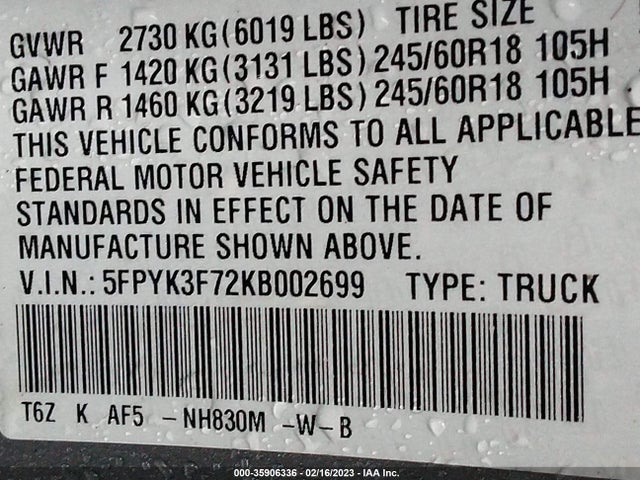 2019 Honda Ridgeline, VIN: 5FPYK3F72KB002699