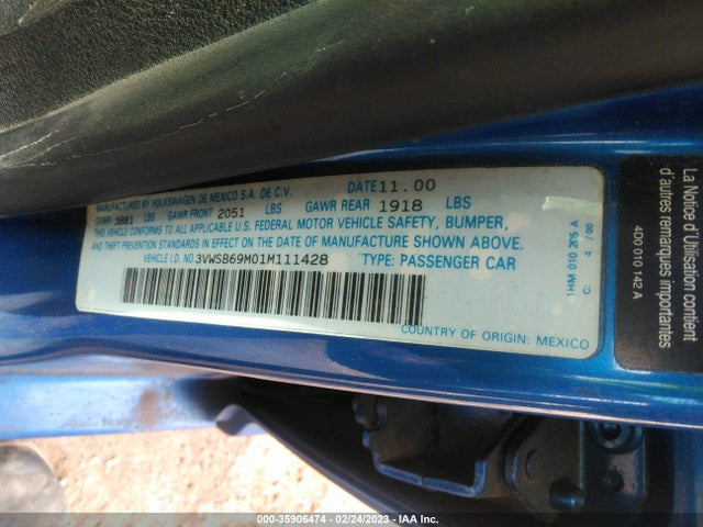2001 VOLKSWAGEN JETTA GLS VIN: 3VWSB69M01M111428