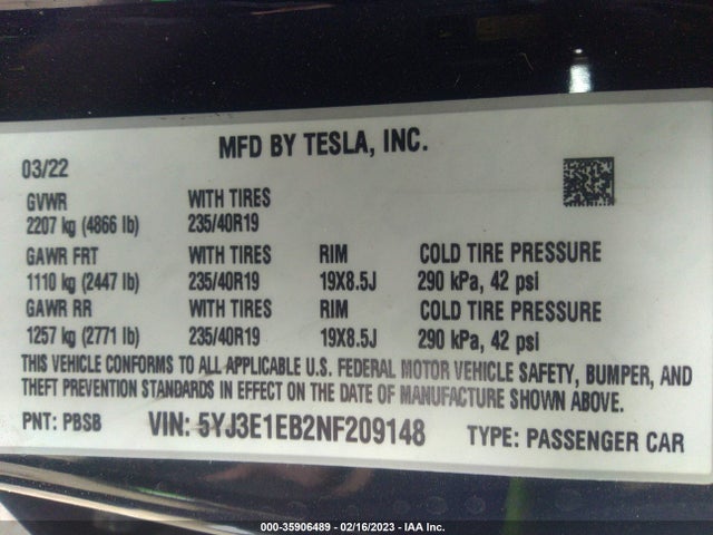 Tesla Model 3 Long Range 2022 5YJ3E1EB2NF209148 Image 11