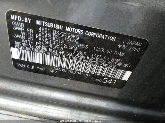 2020 MITSUBISHI OUTLANDER ES VIN: JA4AD2A35LZ047483