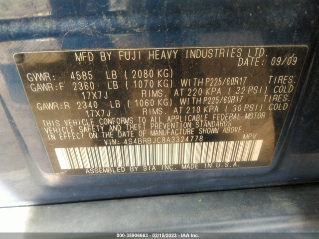 2010 SUBARU OUTBACK LTD VIN: 4S4BRBJC8A3324778
