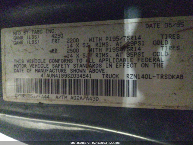 1995 TOYOTA TACOMA VIN: 4TAUN41B9SZ034541