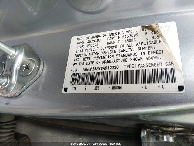 2009 HONDA ACCORD SDN EX-L VIN: 1HGCP36899A012020