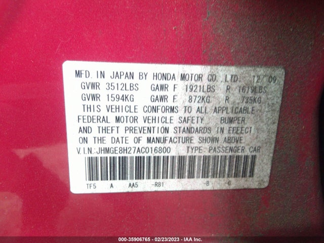 Honda Fit 2010 JHMGE8H27AC016800 Image 10
