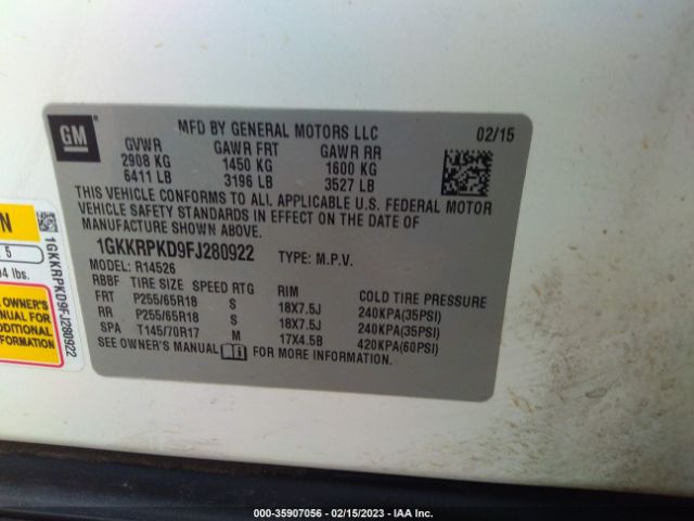 1GKKRPKD9FJ280922 GMC ACADIA SLE