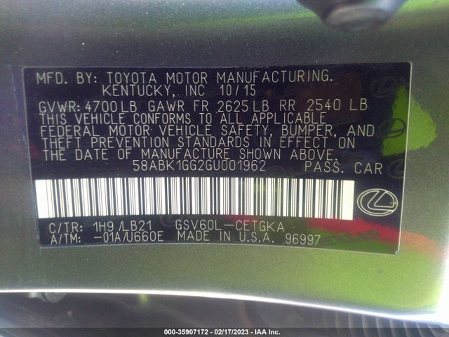 2016 Lexus ES, VIN: 58ABK1GG2GU001962